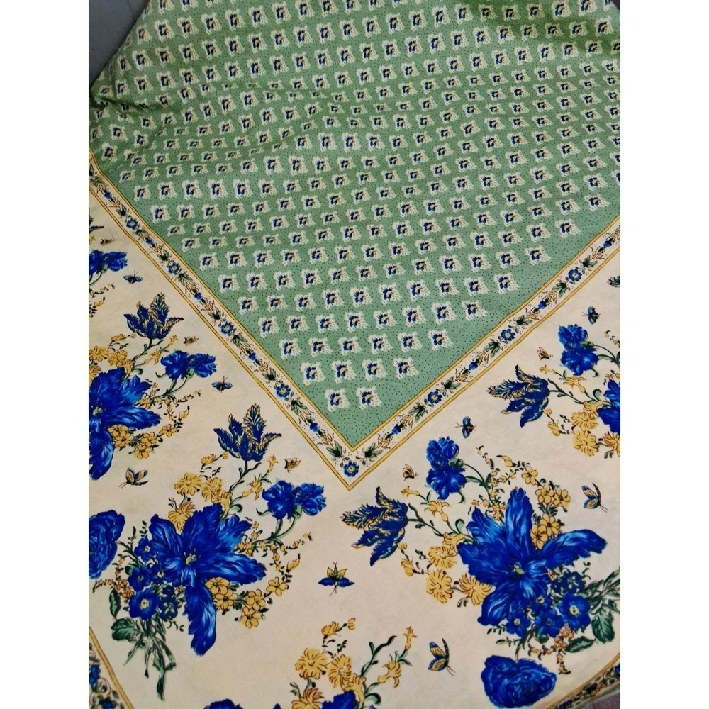 Vintage French Provencal Vent Du Sud Tablecloth 56in Square Waxed Cotton Green - Picture 1 of 8